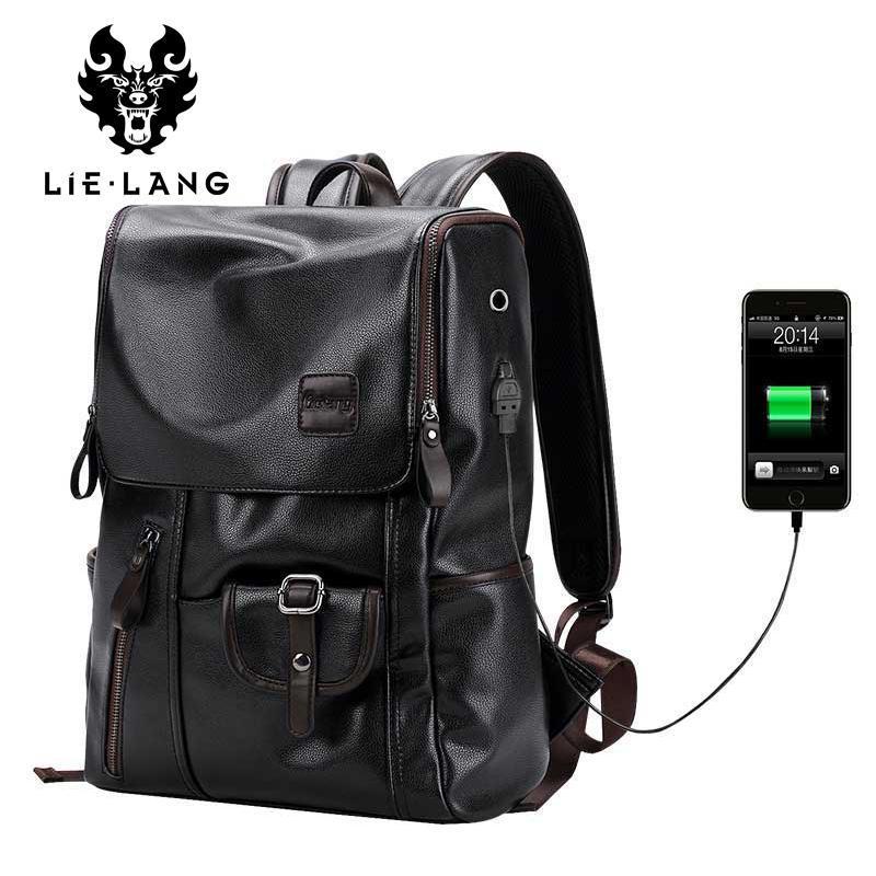 Men's Leather USB Charging Backpack - Anti Theft