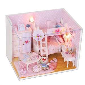 3D Wooden Miniature Dollhouse Furniture Kit Kids DIY Mini Doll House Model Princess Room Kids Toy Birthday Christmas New Year Kids Girls Gift (Pink)