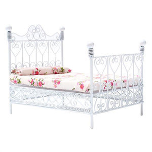 1:12 Metal Double Bed with Flower Printed Mattress Dollhouse Miniature Furniture Bedroom Accessory (White)