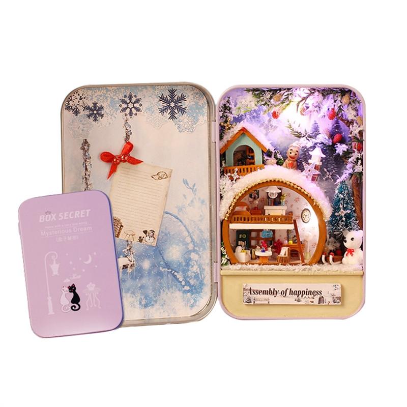 Miniature Dollhouse Tin Box Handmade Doll House Box with Furnitures 3D DIY Puzzle Dollhouse Kit Decoration Toy for Kid Christmas Birthday Gift
