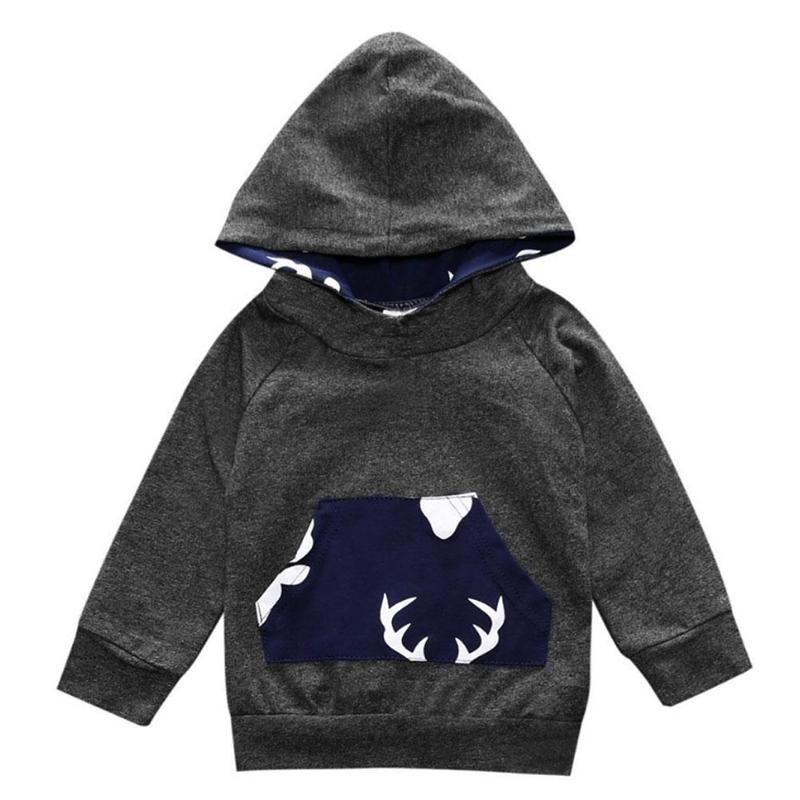 Childrens Deer Pattern Grey Hoodie + Navy Sweat Pants Set Christmas Gifts